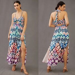 Anthropologie Halter Midi Dress Colorful Rainbow Abstract Geo US 10 NWT